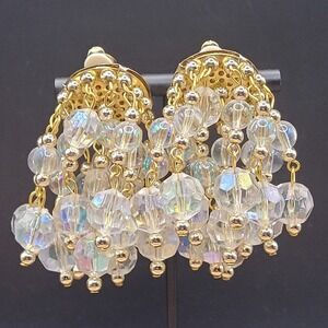 Large Vintage Aurora Borealis AB Waterfall Cha Cha Chandelier Clip On Earrings